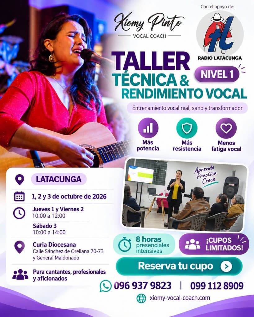 Afiche del Taller Técnica y Rendimiento Vocal en Latacunga, 1 al 3 de octubre de 2026